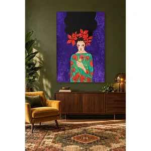 Impresión en Lienzo de Fida, Mujer con Corona de Flores Rojas y Pájaro en la Mano - Product Image 1
