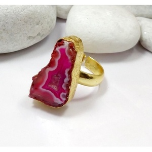 Vintage Casual Brass <b>Ring</b> with Gold Plated Agate Druzy Gemstone <b>Adjustable</b> Opening Trendy Bezel Setting for Gifts - Product Image 3