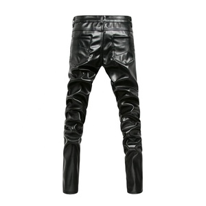 กางเกงหนัง PU สีดำทรงมอเตอร์ไซค์สำหรับผู้ชาย เอวสูง ทรงตรง มีซิปปลอมและกระดุมผ่าหน้า สไตล์ฤดูหนาว - Product Image 2