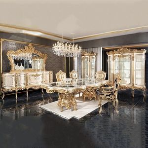 Ensemble de table à manger en verre de style européen avec détails sculptés dorés et centre de table en cristal pour une salle à manger élégante - Product Image 3