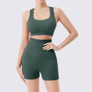 Women's Clothing Cross Back Sports Bra and Compression Running <b>Pink</b> Athletic Workout Short Sets for Yoga - Product Image 5