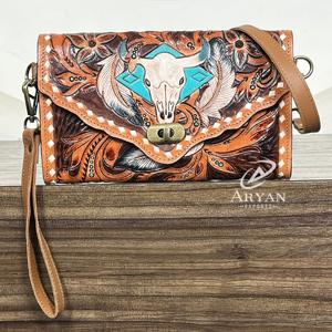 Sac bandoulière en cuir de vachette style western, fait main, avec motifs crâne et floraux, nouveau design, mini sac à main pour femme - Product Image 1