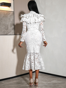 Vestido <span class=keywords><strong>de</strong></span> Dama <span class=keywords><strong>de</strong></span> Honor <span class=keywords><strong>de</strong></span> Encaje Blanco con Cuello Alto, Manga Larga y Volantes Estilo Sirena ADR051202 - Product Image 3
