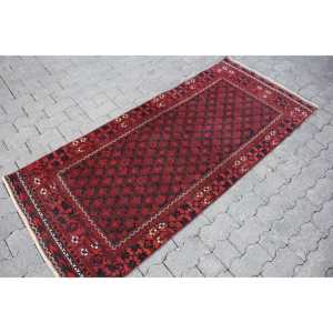 Vintage Turkish <b>Rug</b> 2.8x6.4 ft (86x195 cm), Red Black Floral <b>Rug</b> - Product Image 3