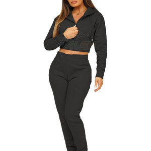 Conjunto Deportivo de Invierno con Capucha, Color Sólido, Estilo Corto, con Pantalones Jogger de Corte Regular para Descanso, Ejercicio y Uso Casual, Top Corto y Pantalones de Jogging - Product Image 2