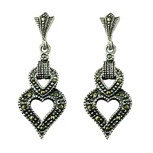 Boucles d'oreilles pendantes en argent 925 avec marcasite en forme de cœur pour femmes, accessoire de mode - Product Image 2
