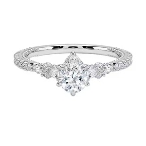 Bague de fiançailles en diamant taille poire Solitaire Hidden Halo Pave 14K Gold Moissanite Diamonds Ring - Product Image 4