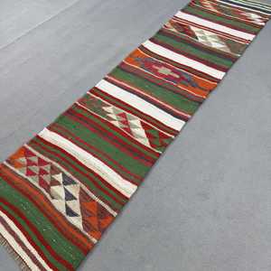 Turkish 2.4x9.6 ft Rug, <b>Runner</b> Vintage Rug, <b>Green</b> Red Oriental Rug - Product Image 2