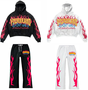 Ensemble de survêtements personnalisés pour hommes, sweat à capuche court avec strass et pantalons de survêtement évasés, délavés à l'acide par le soleil, pour l'hiver - Product Image 1