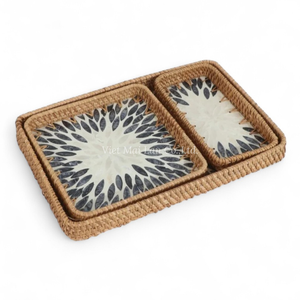 Eco Friendly Natural Bohemian Mother of Pearl Tray with Flexible Rattan for Home Dining Food Serving and Display - Product Image 1