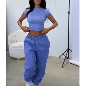 Conjunto de 2 Piezas de Ropa Casual de Verano para Mujer, Personalizado, de Canalé, 100% Algodón, Transpirable, Top Corto y Pantalones - Product Image 1