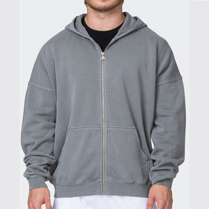 Personalizado de algodón de los hombres zip up sudaderas con capucha de gran tamaño caída del hombro streetwear vintage lavado ácido de peso pesado en blanco zip sudaderas con capucha para los hombres - Product Image 1