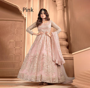 Ropa india y pakistaní de color claro con bordados, traje Anarkali largo con trabajo de espejos y borde de encaje, completamente cosido. - Product Image 1