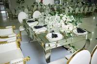 Table à manger pliable en verre avec pieds en acier inoxydable, 8 places, pour mariage, événement, location, mobilier de salle à manger, couleur argent ou or