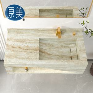 Iluminación LED Nicho Pizarra Gabinete de <span class=keywords><strong>lavabo</strong></span> integrado Mármol Superficie sólida Fregadero de piedra sinterizada Tocador de baño con espejo enmarcado - Product Image 6