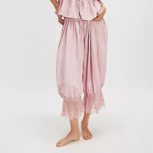 <b>Women's</b> Y2K Cropped Pants 100% Cotton High Waist <b>Floral</b> Lace Patchwork Calf-Length Lantern <b>Trousers</b> Drawstring Loose Fit Cute - Product Image 1