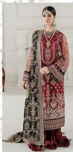 Heavy Fox Georgette con bordado de hilos múltiples y trabajo hecho a mano con fondo de seda Stanton y traje Dupatta para mujer - Product Image 4