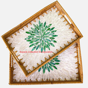 Plateau de service en rotin de meilleure qualité avec incrustation de nacre plateau de canne décoratif carré plateau de service à motif floral coquillage - Product Image 4