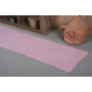 Tapis turc vintage en laine rose de 2x12 pi, tissage plat moderne, design patchwork pour décorations de salon avec support en latex - Product Image 4