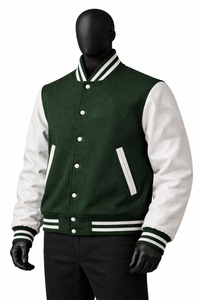 แจ็คเก็ตวาร์ซิตี้สีเขียวขาวแบบกำหนดเอง แจ็คเก็ตเบสบอลแบบ Letterman ตัวเสื้อทำจากผ้าขนสัตว์ แขนเสื้อทำจากหนัง PU ผู้ผลิต OEM รับผลิตแบรนด์ส่วนตัว - Product Image 5