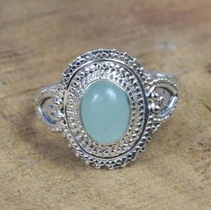 แหวนพลอยอความารีนสีเขียวเงินสเตอร์ลิงทำด้วยมือ925แข็งสำหรับงานเลี้ยง - Product Image 5