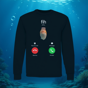 เสื้อยืดแขนยาวลายมีมปลาตัวสะกดผิด "Fih Calling" ดีไซน์น่ารักสำหรับคนรักปลา เหมาะสำหรับมีมโทรหา หรือใช้เป็นเสื้อยืดโปรโมชั่น - Product Image 3