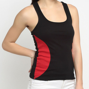 Women's Black Red Solid O-<b>Neck</b> Sporty Knitted Breathable Spandex/Cotton Short Sleeveless Tank Top - Product Image 5