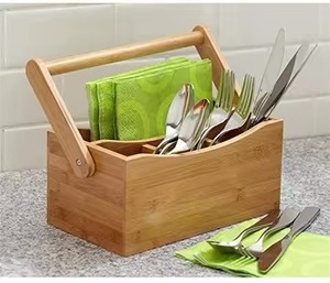 Almacenamiento de cubiertos de madera artesanal de alta calidad con múltiples compartimentos para organizar utensilios de cocina, cubiertos y condimentos. - Product Image 4