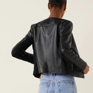 Chaqueta Acolchada de Cuero Genuino para Mujer, Estilo Motero, Cierre de Cremallera, Ajustada, Informal, para Invierno - Product Image 5