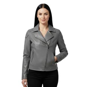 Chaqueta de Motociclista de Cuero Gris Personalizada para Mujer, Venta al por Mayor, Precio de Fábrica, Chaqueta de Cuero Estilo Motociclista Genuina para Chica - Product Image 1