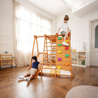 Équipement de terrain de jeu intérieur en bois pour enfants - Ensemble d'activités avec maisonnette, balançoire, toboggan et mur d'escalade