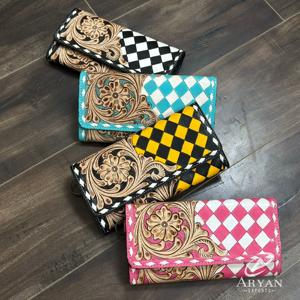 Portefeuille long en cuir véritable à motif floral luxueux, noir et blanc, avec blocage RFID, pour cartes, monnaie et voyage - Product Image 1