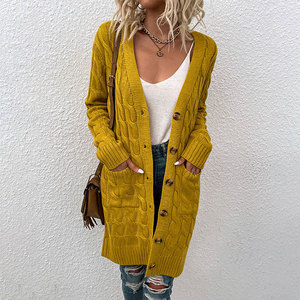 Nouveau Cardigan en Tricot pour <span class=keywords><strong>Femme</strong></span> Automne Hiver 2026 - Pull Long Torsadé, Boutonné, Motif Pluie Légère, Exportation UE/US - Product Image 1