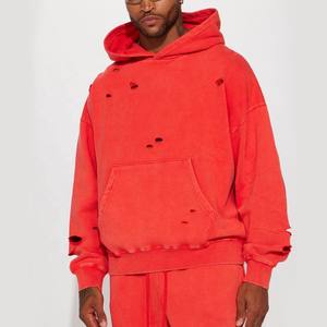 Sudadera con capucha de gran tamaño personalizada para hombre French Terry, ropa de calle de algodón 100%, sudaderas con capucha desgastadas Vintage rasgadas para hombre - Product Image 3