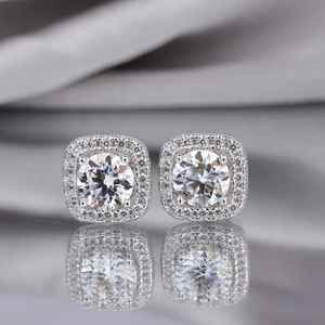 Boucles d'oreilles carrées élégantes en argent sterling 925 avec moissanite taille ronde, motif floral, halo, pour femmes, bijoux fins de promesse - Product Image 1