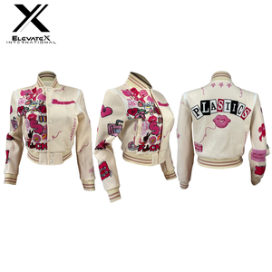 Women's Windproof Wool Varsity Jacket Chenille Embroidery Plain Dyed <b>Quilted</b> Solid Stand Collar-Cotton Filled Fabric Material - Product Image 6