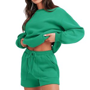 Conjunto de 2 Piezas con Logotipo Personalizado Hecho en Fábrica, 100% Algodón Felpa, Conjunto Corto para Mujer, Ropa Deportiva Informal de Invierno, Pantalones Cortos y Sudadera, 2026 - Product Image 3