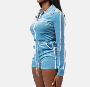 Chándal de terciopelo de verano para mujer, Top corto, pantalones cortos de motorista, conjunto de manga larga a rayas laterales, trajes informales transpirables ajustados de talla grande - Product Image 1