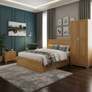 Ensemble de chambre à coucher moderne en 3 pièces personnalisable, fabriqué au Vietnam, lits jumeaux en bois durables, meubles de maison de qualité, lit, armoire, table de chevet - Product Image 6