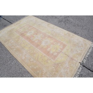 Vintage Turkish Rug Large 5.2 X 8.4 ft Patchwork Design Pink <b>Yellow</b> <b>Wool</b> Latex for Teens Rectangular Area Rugs for Hallway Use - Product Image 4