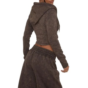 Ensemble 2 pièces côtelé pour femme, hiver, avec hauts à manches longues zippés et leggings taille haute, survêtement court délavé à l'acide 2026 - Product Image 6