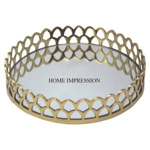 Trending Designer Pattern Arrival Round Shape Mirror <b>Tray</b> With Antique Designer Metal Gold Plated Frame From Indian Manufacturer - Product Image 3