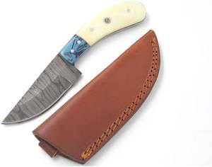 Couteau à lame fixe en acier damas fait à la main de qualité supérieure gaine en cuir supportée OEM Style Cowboy pour la chasse Camping en plein air - Product Image 1