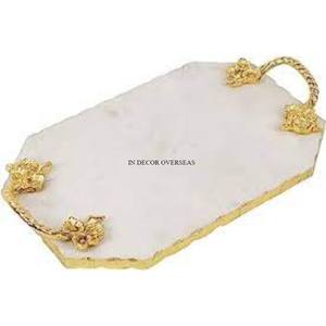 Plateau de service rectangulaire en marbre de couleur blanche avec bords dorés pour la maison et l'hôtel Vente dans le monde entier - Product Image 4