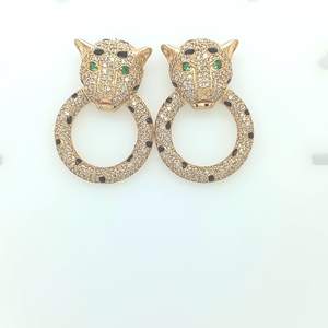 Pendiente de diamante de oro auténtico de 14 Kt, estilo Pantera, con esmalte negro y piedra verde, pendiente de diamante - Product Image 3