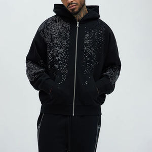 Custom Printed Autumn 100% Cotton <b>Fleece</b> Drop Shoulder <b>Hoodies</b> & Sweatshirt-Unisex Heavyweight Oversized Rhinestone Design - Product Image 1