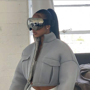 Manteaux d'hiver 2021 pour femmes, vestes courtes à carreaux avec poches zippées, en tissu tissé maillé, doublure en polyester et rembourrage en fibres pour l'automne - Product Image 1