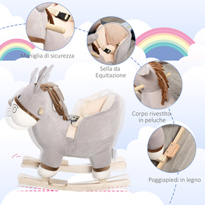 HOMCOM-Cheval à Bascule en Forme d'Âne avec Sons Réalistes en Bois de Peuplier et Peluche, Gris, pour Bébé 18-36 Mois - Product Image 6