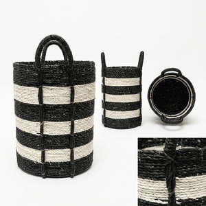 Hand Woven Recycled <b>Plastic</b> Rope Storage <b>Basket</b> Set Black White Stripe Arch Handle Pot Planter Organizer Setup Decor Pure Art - Product Image 3