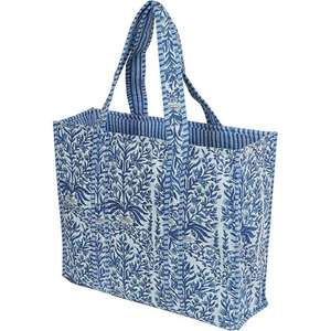 Sac fourre-tout en coton matelassé fait à la main pour femmes couleur unie brodé fleur et rayure bleue poche intérieure pour Shopping & Messenger - Product Image 3